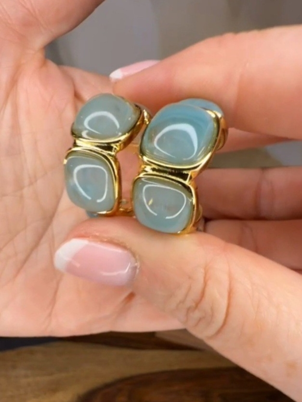 Gold-Tone Hoop Earrings with Pale Blue Gemstones
